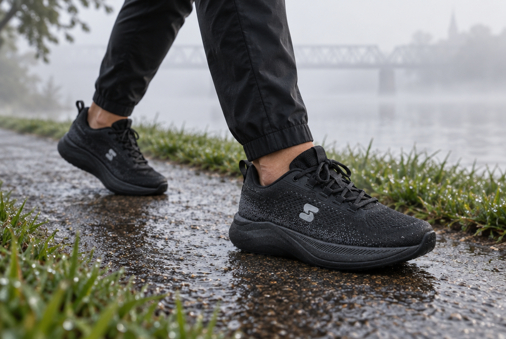 Black Oszea sneakers on a foggy riverside path in Hamilton