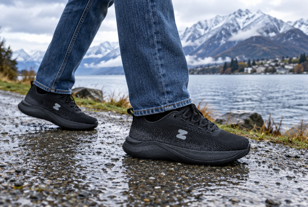 Black Oszea sneakers on a wet lakefront path in Queenstown with snowy mountains