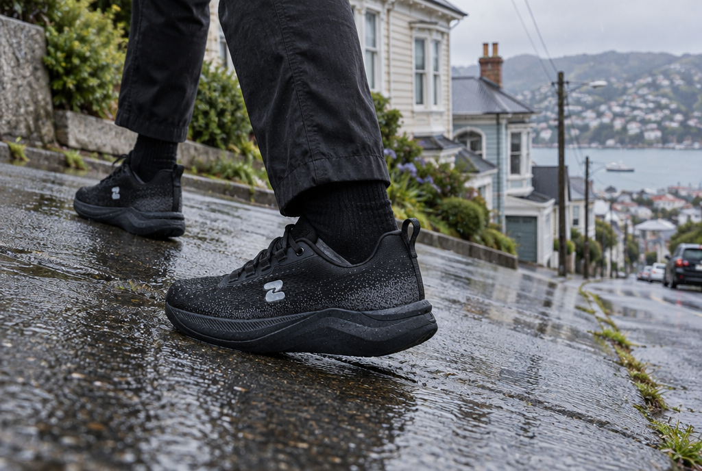 Black Oszea sneakers walking up a steep wet street in Dunedin