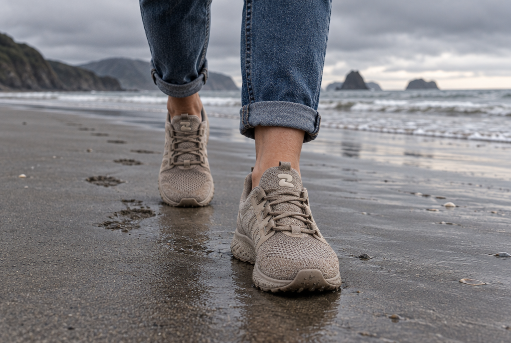 Oszea Coastal Sand sneakers on wet sand during a winter beach walk