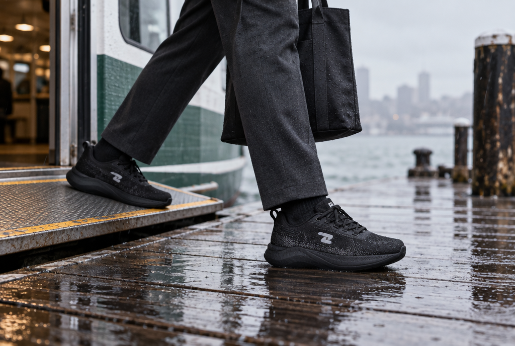 Black Oszea sneakers stepping off a ferry onto a wet wharf
