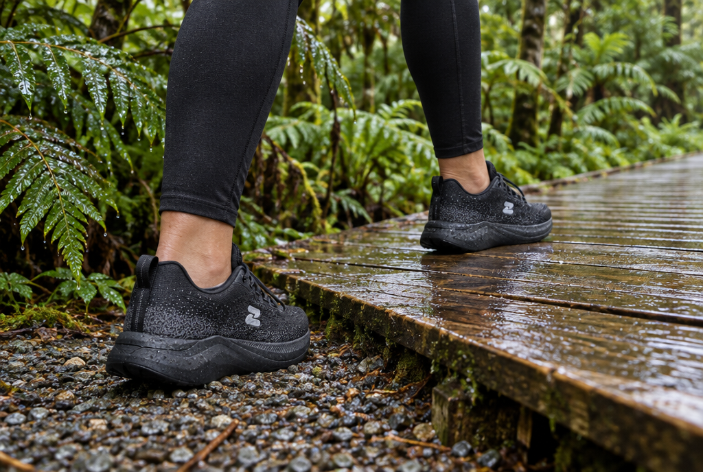 Black Oszea sneakers stepping from gravel onto a wet bush boardwalk