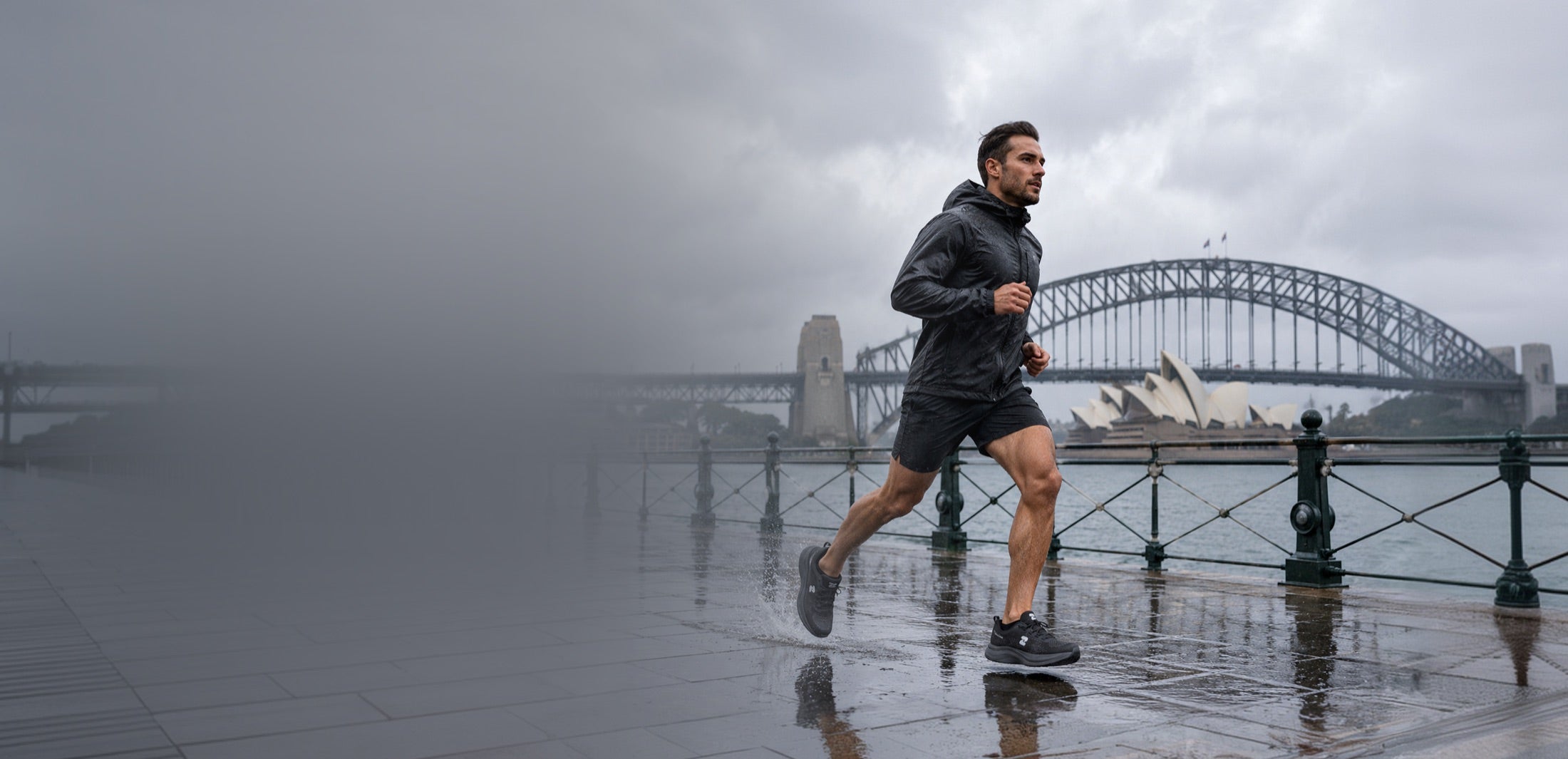 OSZEA runner in the rain by Sydney Harbour Bridge